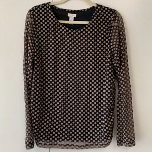 Chico’s Polka Dot Navy & Tan/ Gold Long Sleeve Sheer Top - sz 2 (L)